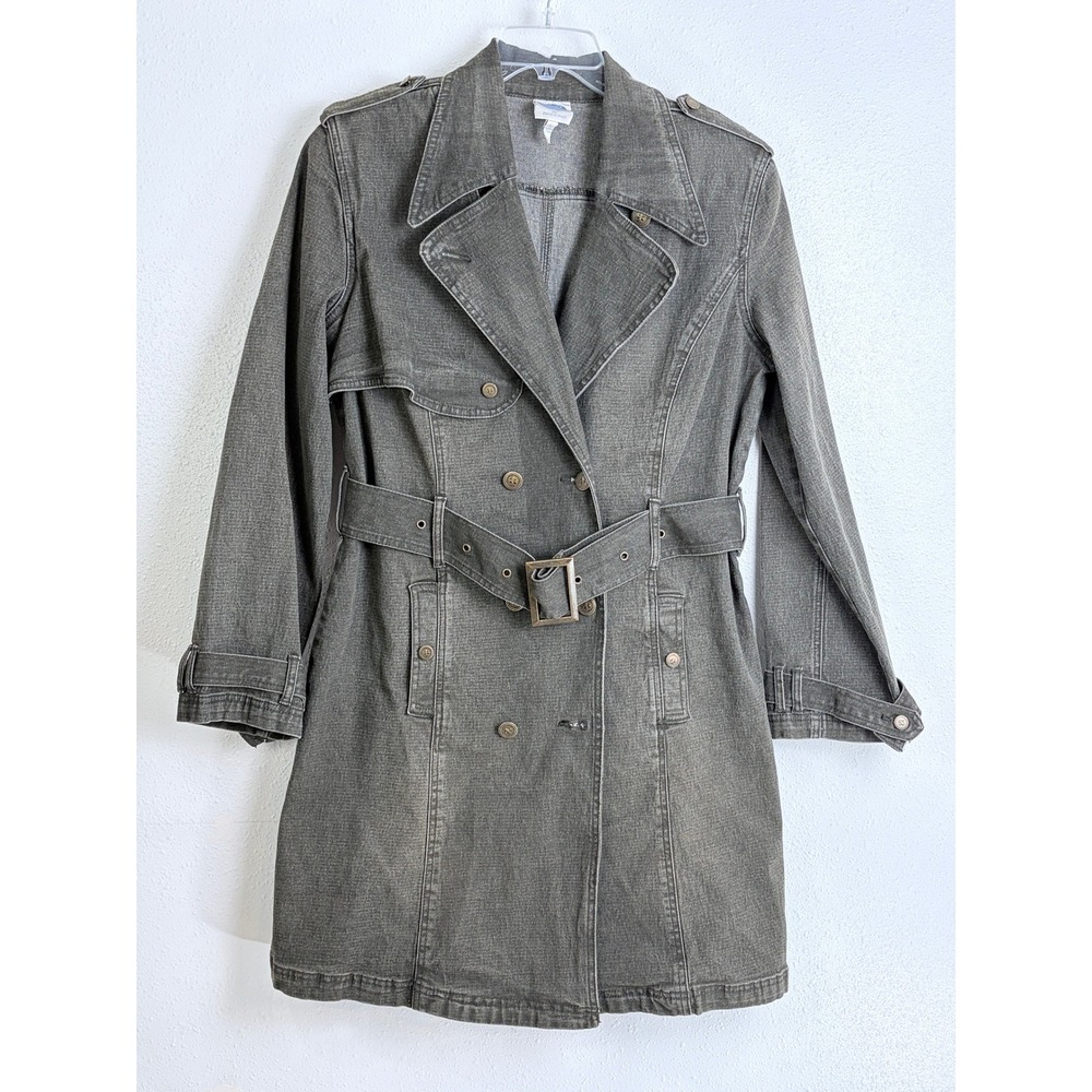 Denim Trench Coat Double Breasted Utility Gray DG2 Diane Gilman Womens L Belted